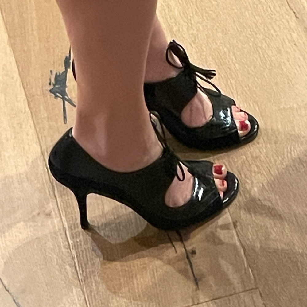 Black Stiletto Heels with Glossy Straps